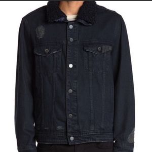 Men's  Blank NYC Shearling Collar Distressed Denim Jacket Navy blue Size -L